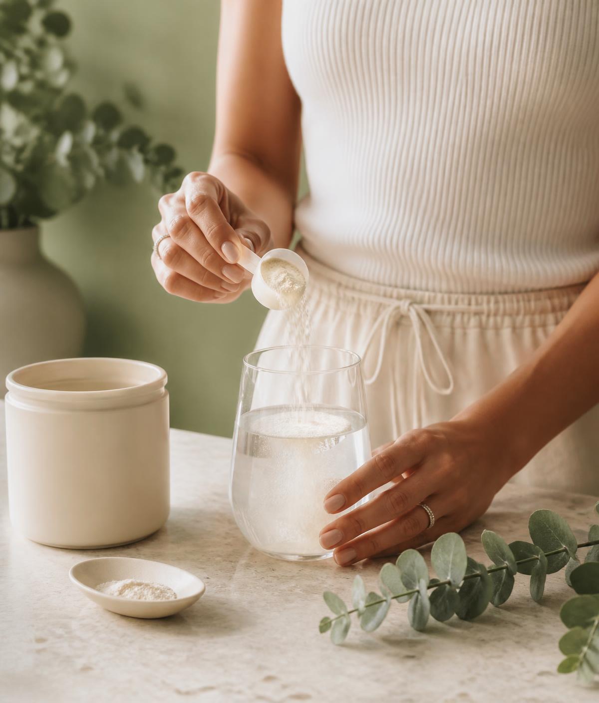 Mujer preparando un batido de colágeno como parte de su ritual diario